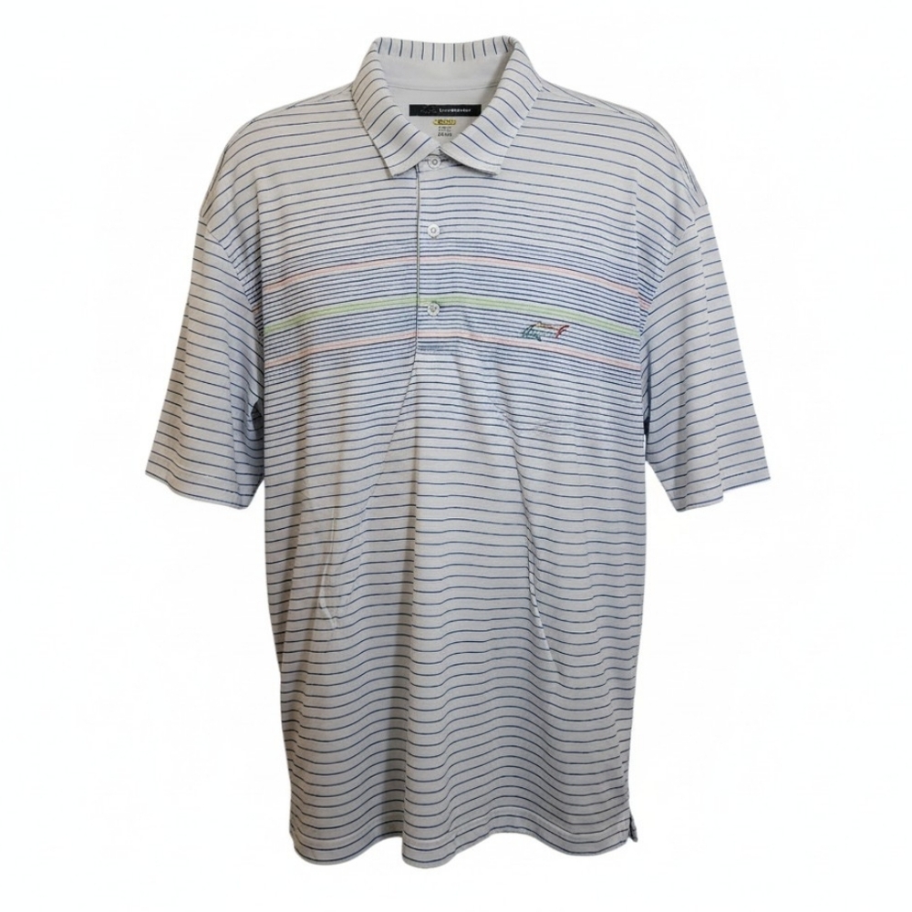 Greg Norman men’s XXL play dry blue greed red white striped golf polo shirt